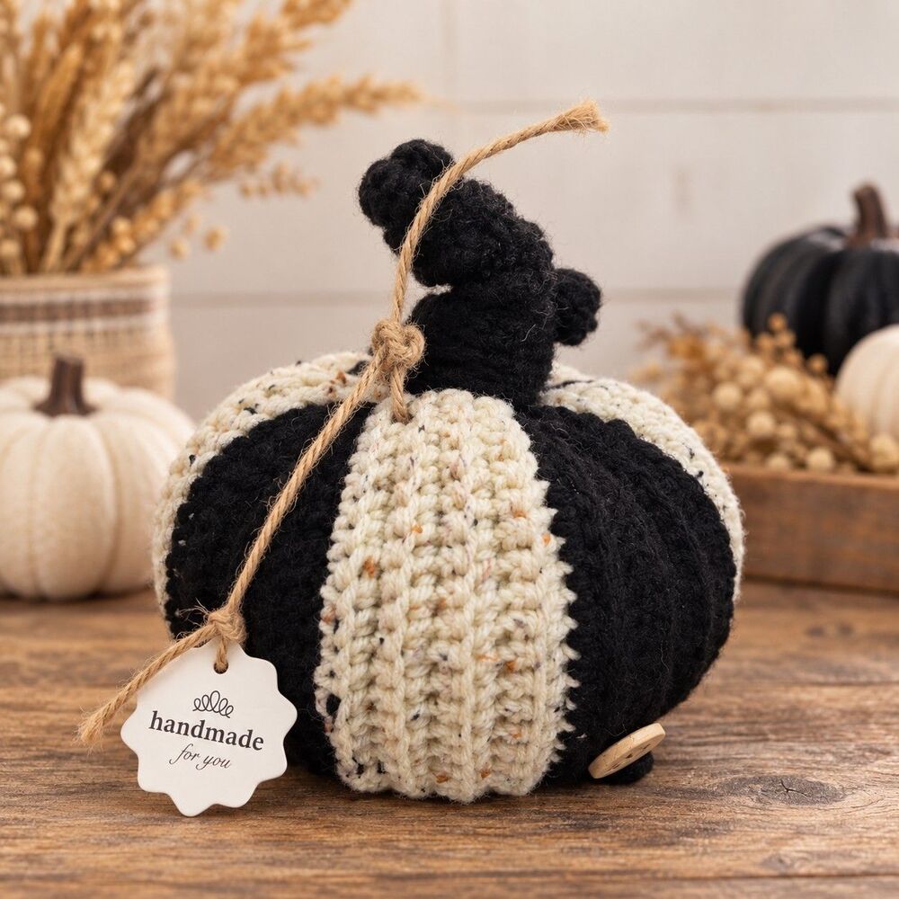 New Handmade Crochet Black Cream Twisted Pumpkin Curly Stem Fall Halloween Decor